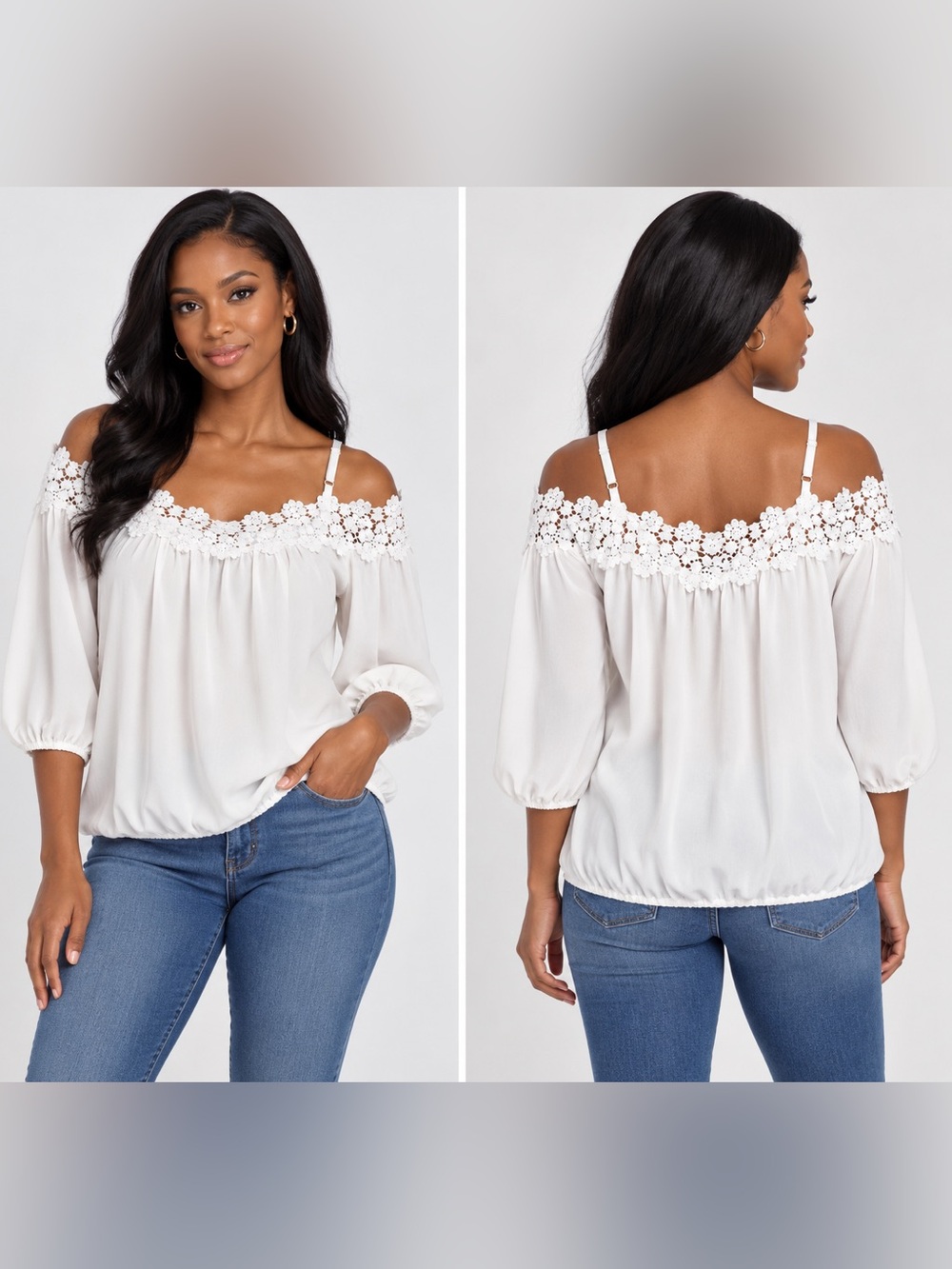 Nicole by Nicole Miller Women L White Lace Cold Shoulder Peasant Blouse Boho Top
